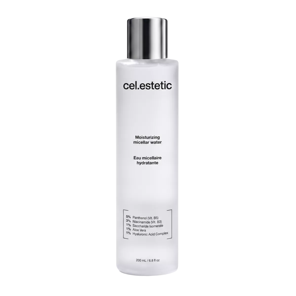 Witte cosmetische fles met zilveren dop, label “cel.estetic” en tekst “Moisturizing micellar water”.