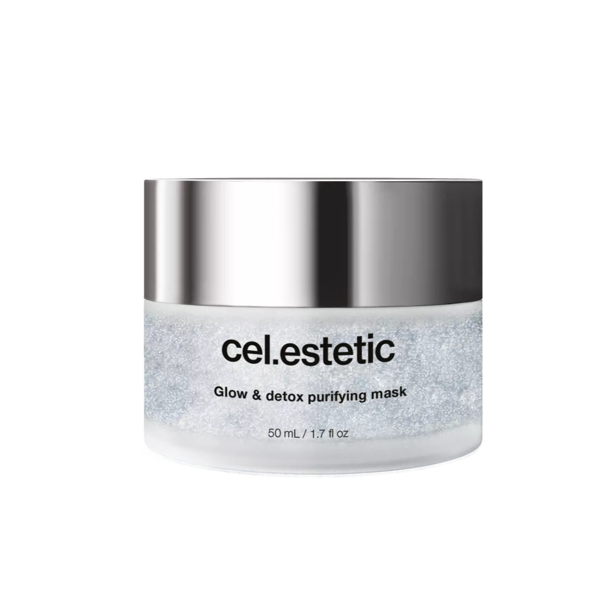Glazen potje met zilveren deksel en label “cel.estetic” voor glow & detox purifying mask.