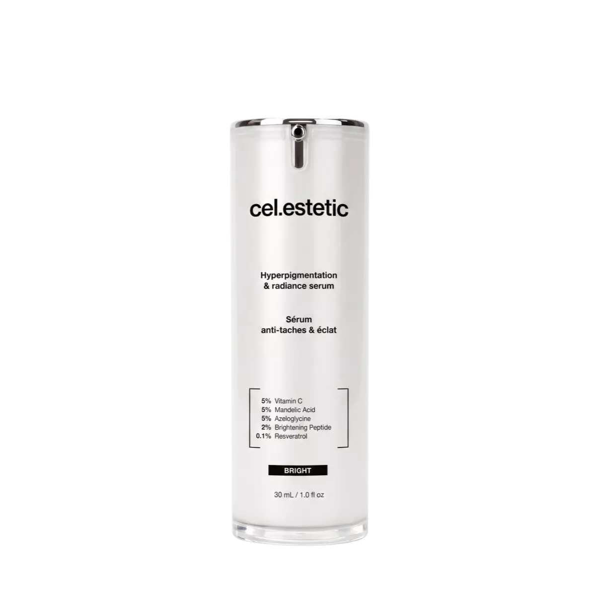 Witte flacon met cel.estetic label, hyperpigmentatie en radiance serum, op zwarte achtergrond.