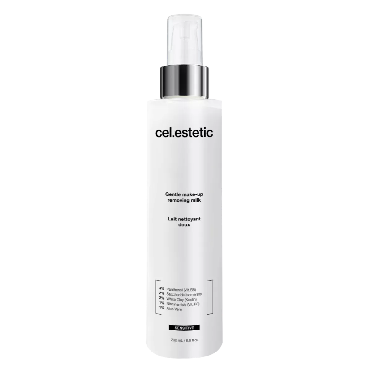 Witte fles met zilveren pomp, cel.estetic reinigingsmelk, tekst Gentle make-up removing milk op zwarte achtergrond.