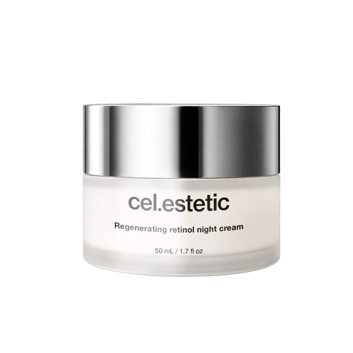 Witte pot met zilveren deksel, label “cel.estetic” en “Regenerating retinol night cream” op zwarte achtergrond.