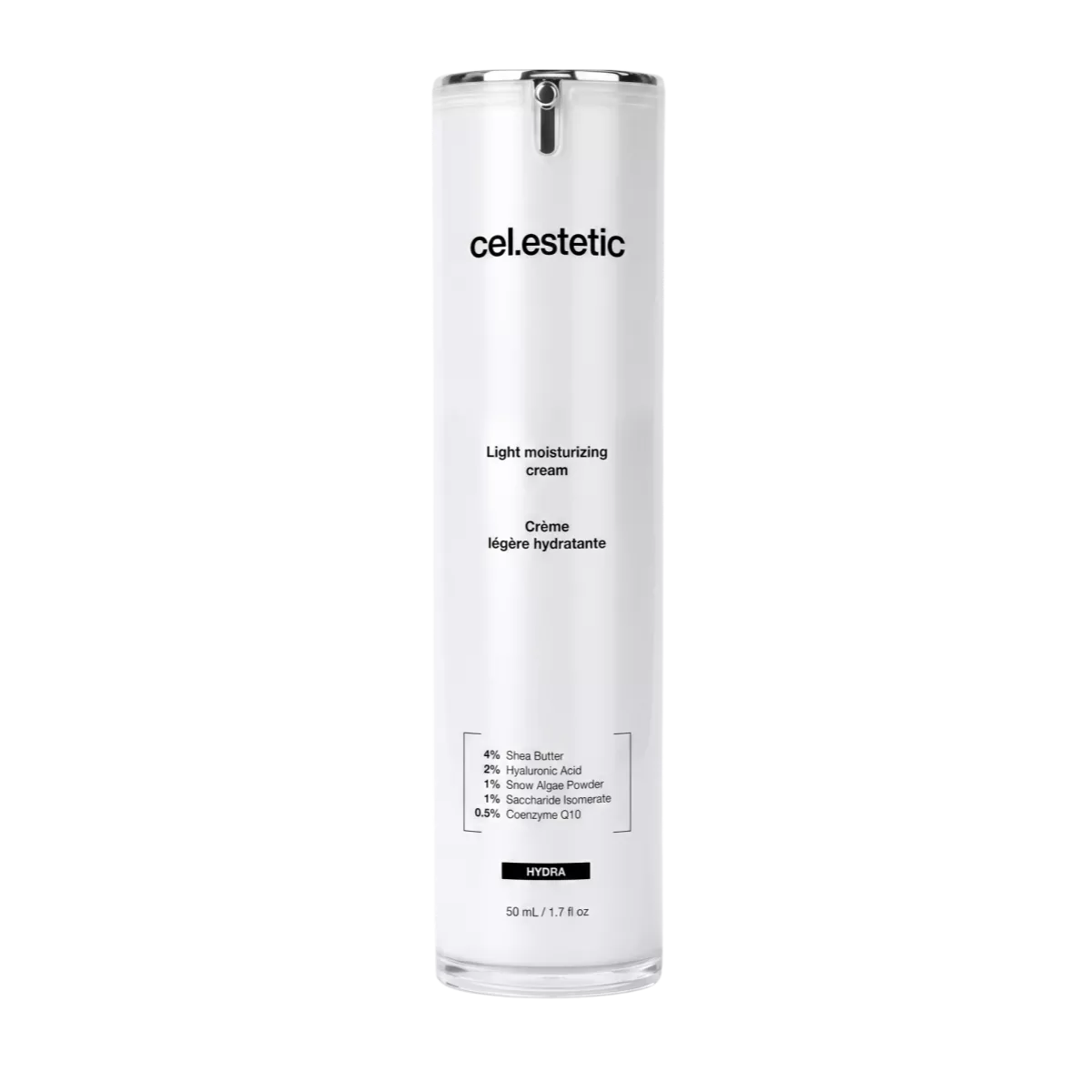 Witte cosmeticafles met metalen dop, tekst “cel.estetic” en “Light moisturizing cream” op zwarte achtergrond.