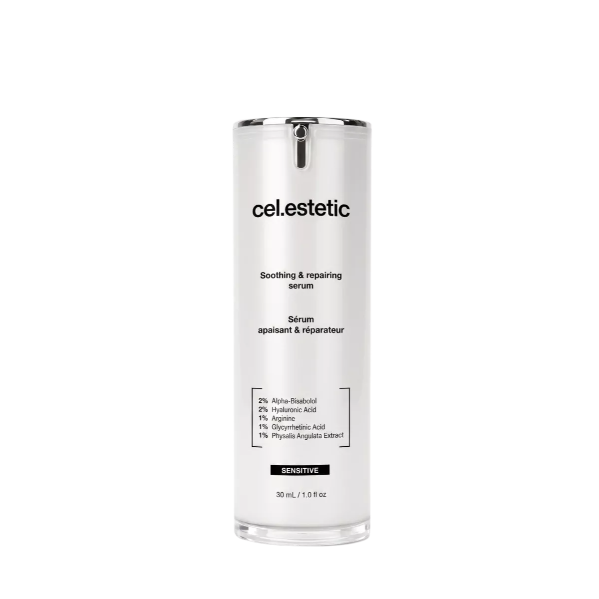 Witte cel.estetic serumfles met metalen dop, zwarte achtergrond, tekst “Soothing & repairing serum” zichtbaar.