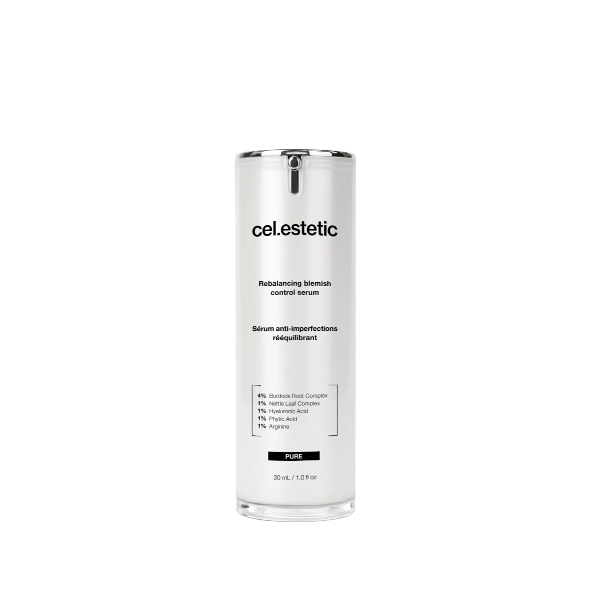 Witte cosmeticafles met zwarte dop en labeltekst cel.estetic Rebalancing Blemish Control Serum op zwarte achtergrond.