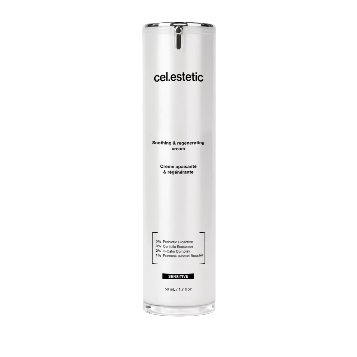 Witte cel.estetic verzorgingscrème tube met zwarte dop, tekst en ingrediënten op zwarte achtergrond. Soothing and Regenerating Cream