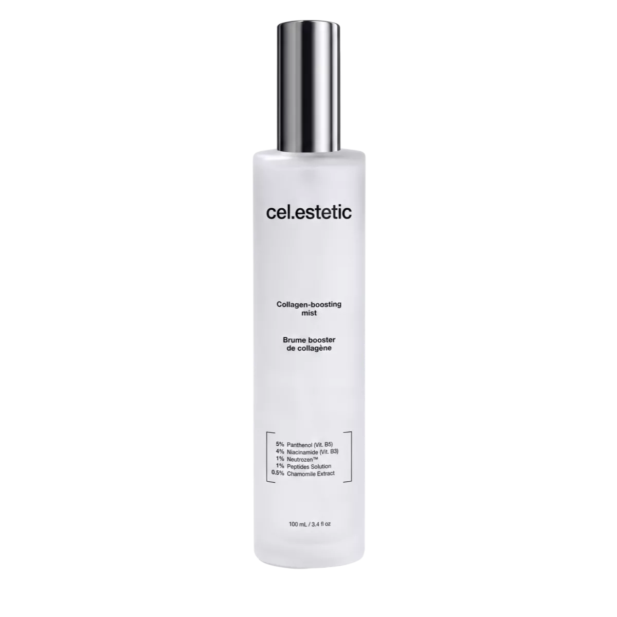 Witte cosmetische sprayfles met zilveren dop, merknaam cel.estetic en tekst Collagen-boosting mist op zwarte achtergrond.
