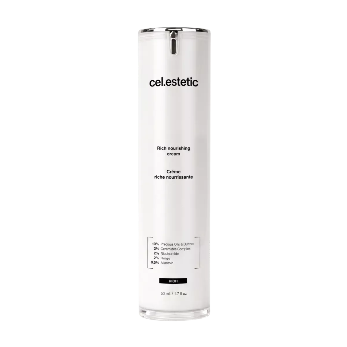Witte cosmeticafles met zwarte dop, merknaam cel.estetic en tekst Rich nourishing cream op zwarte achtergrond.